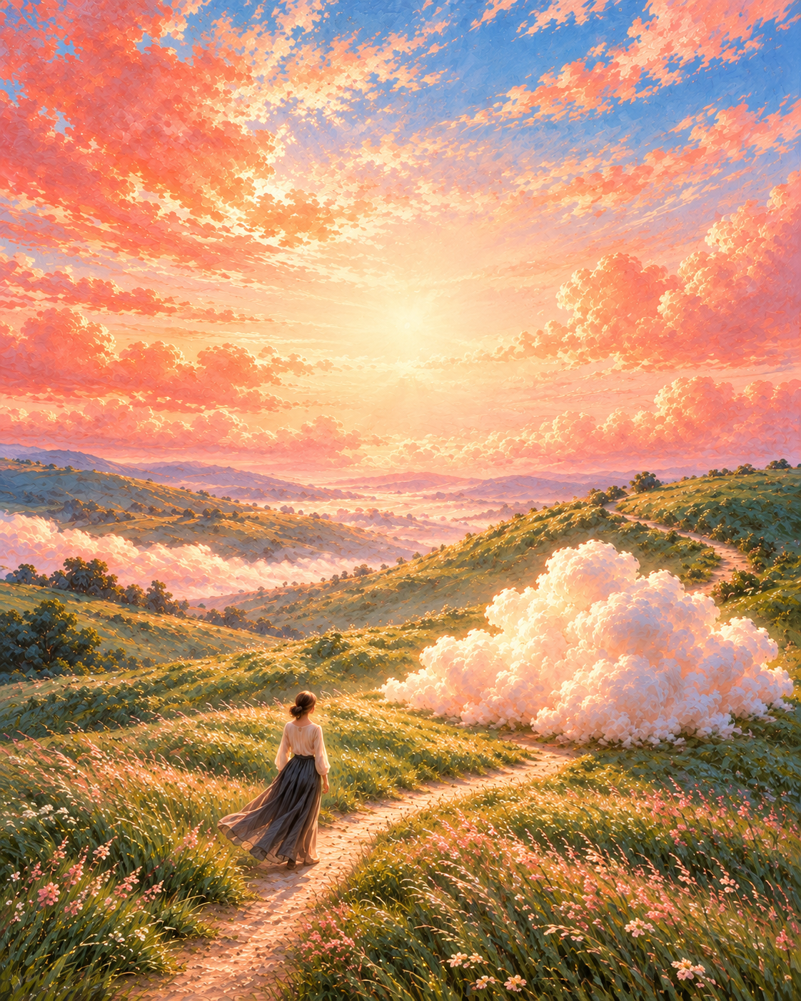 The Beginning painting: a woman walking between hills beneath a luminous sky